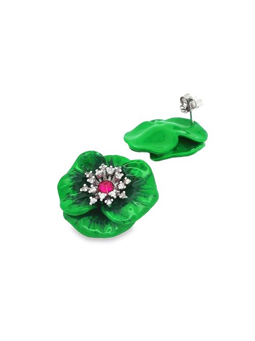 Orecchini pendenti con cristalli e rubini, smaltati di verde. GOCCIAZZURRA JEWELS | ORBLOSSOMRODIOVERDE